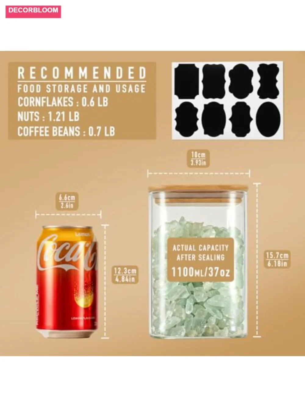 37oz Airtight Glass Square Storage Canisters with Bamboo Lids Set of 6